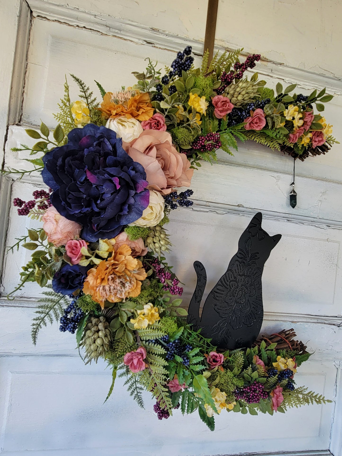 Cottagecore Cat Moon Wreath w/ Malachite Crystal