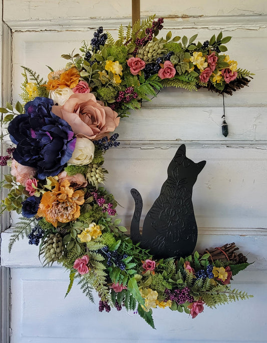 Cottagecore Cat Moon Wreath w/ Malachite Crystal