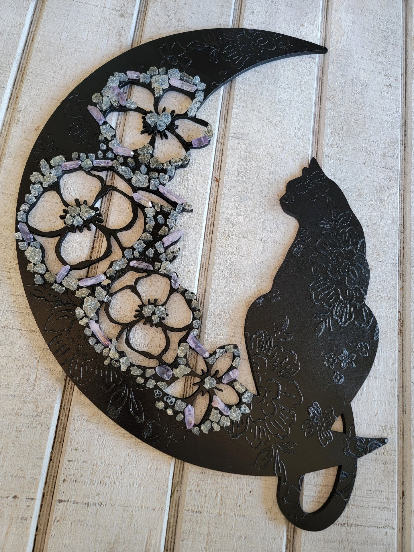 Floral Crystal Crescent Moon Cat Wall Art