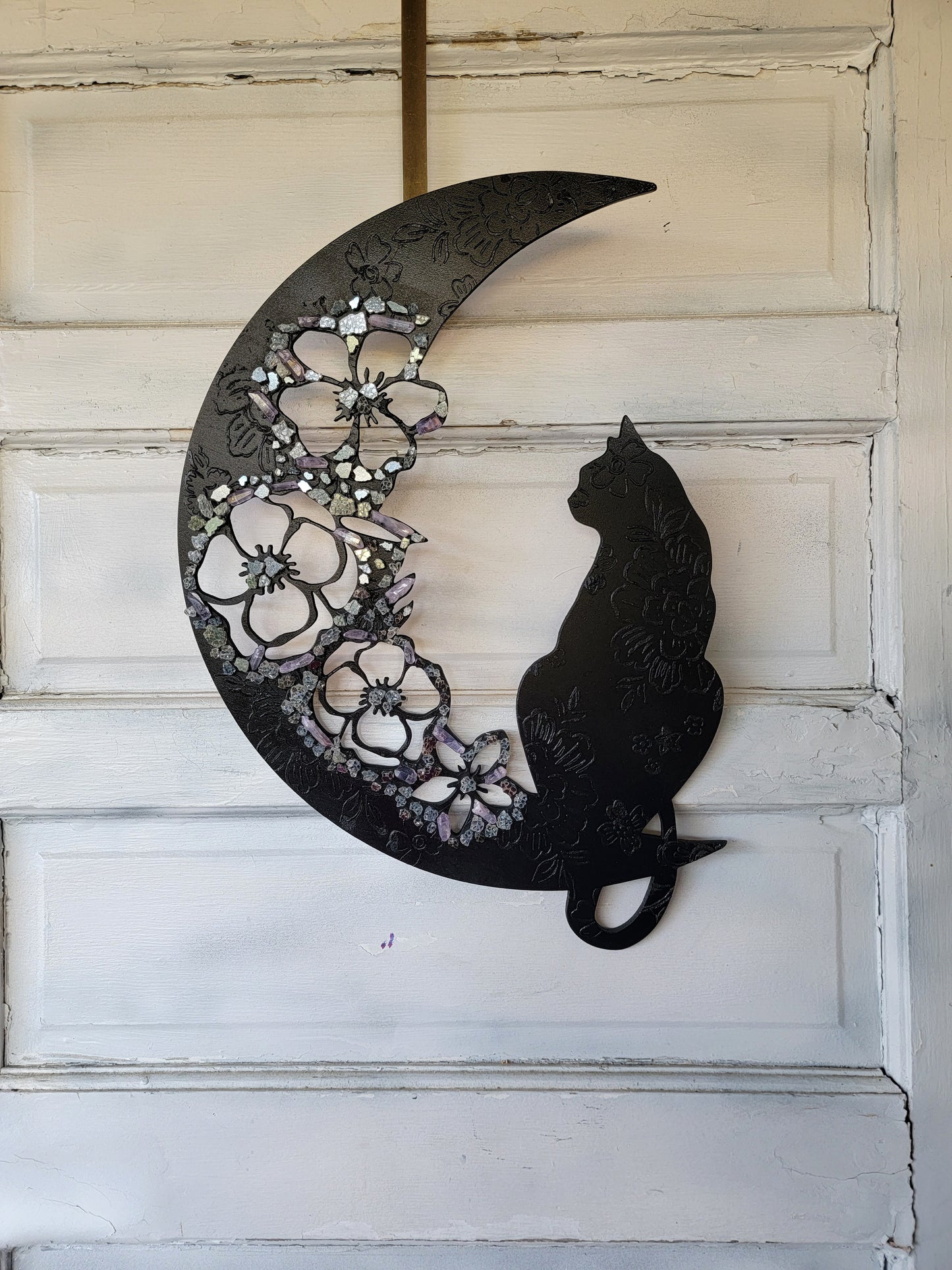 Floral Crystal Crescent Moon Cat Wall Art