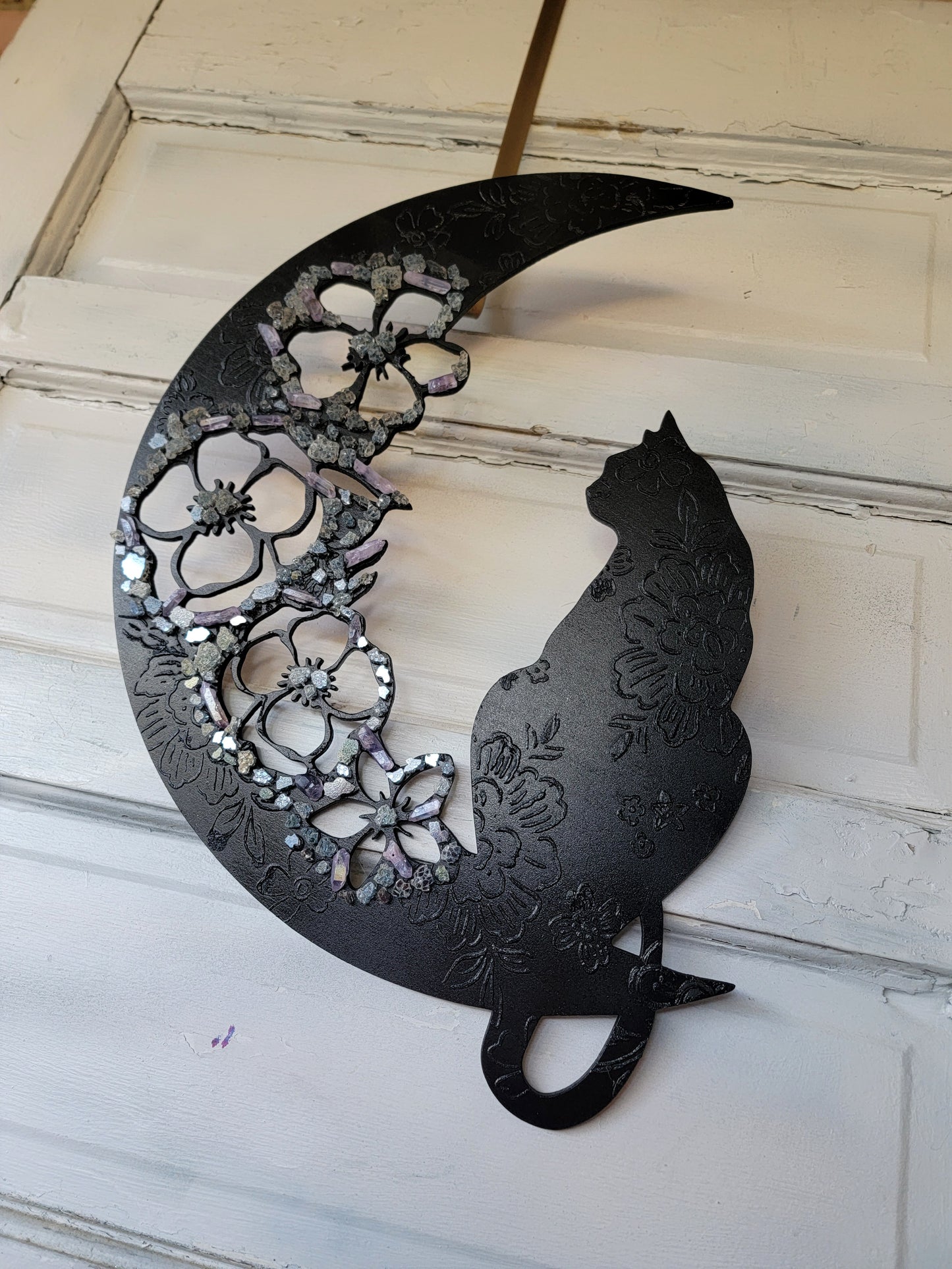 Floral Crystal Crescent Moon Cat Wall Art