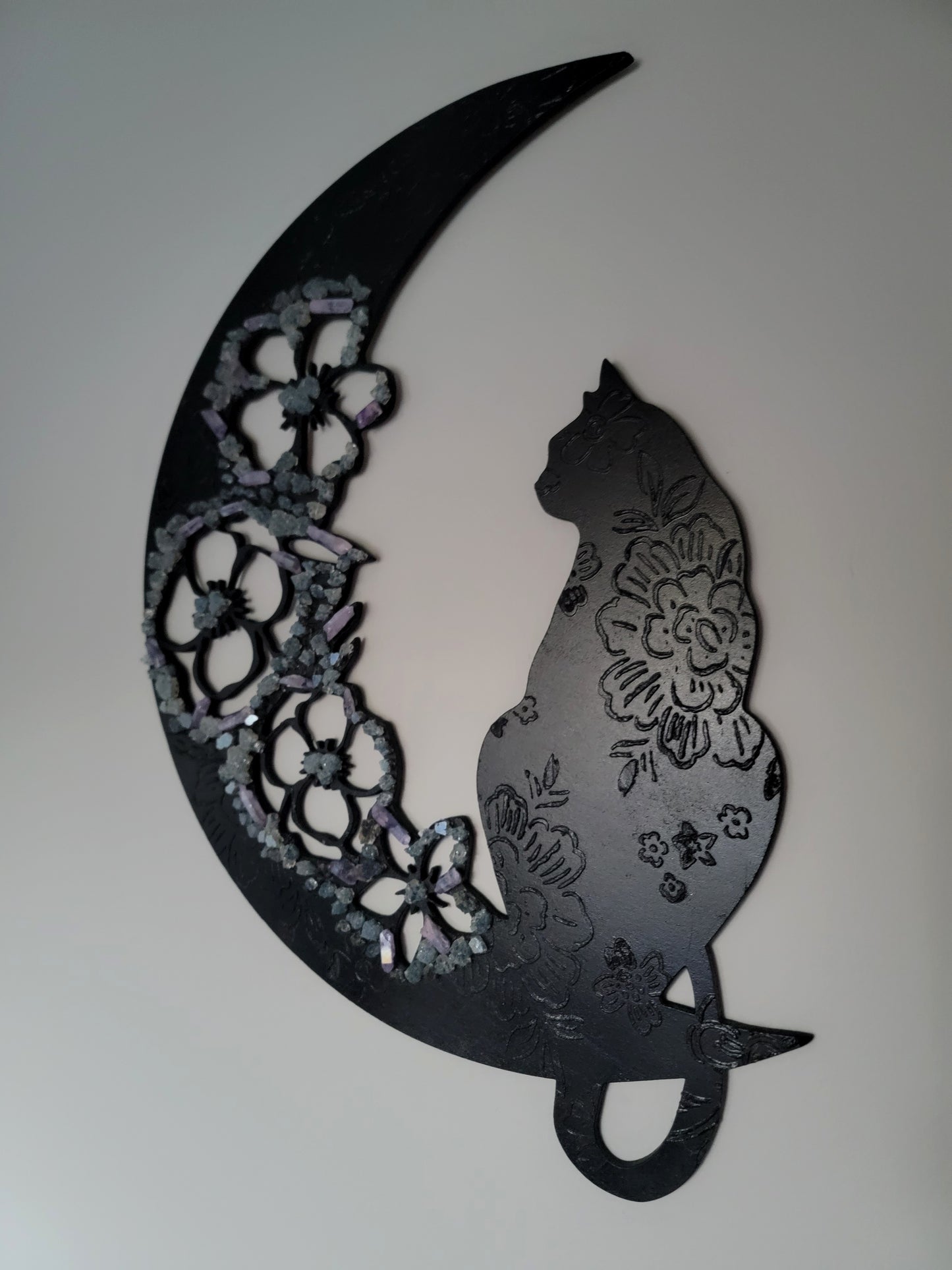 Floral Crystal Crescent Moon Cat Wall Art