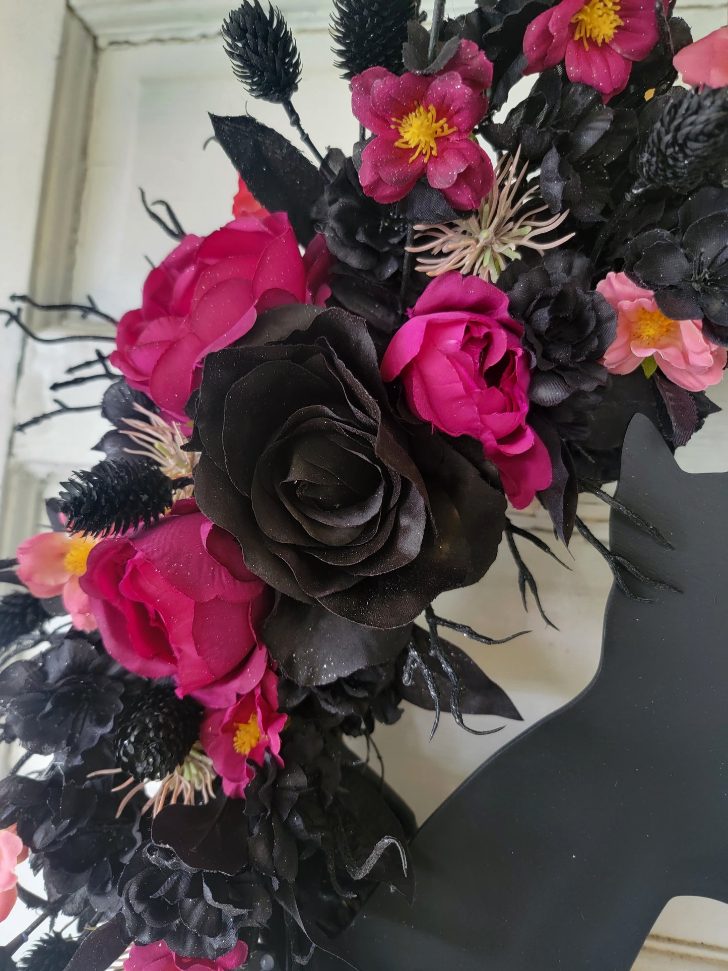 Magenta, Black & Pink Crescent Moon Cat Wreath