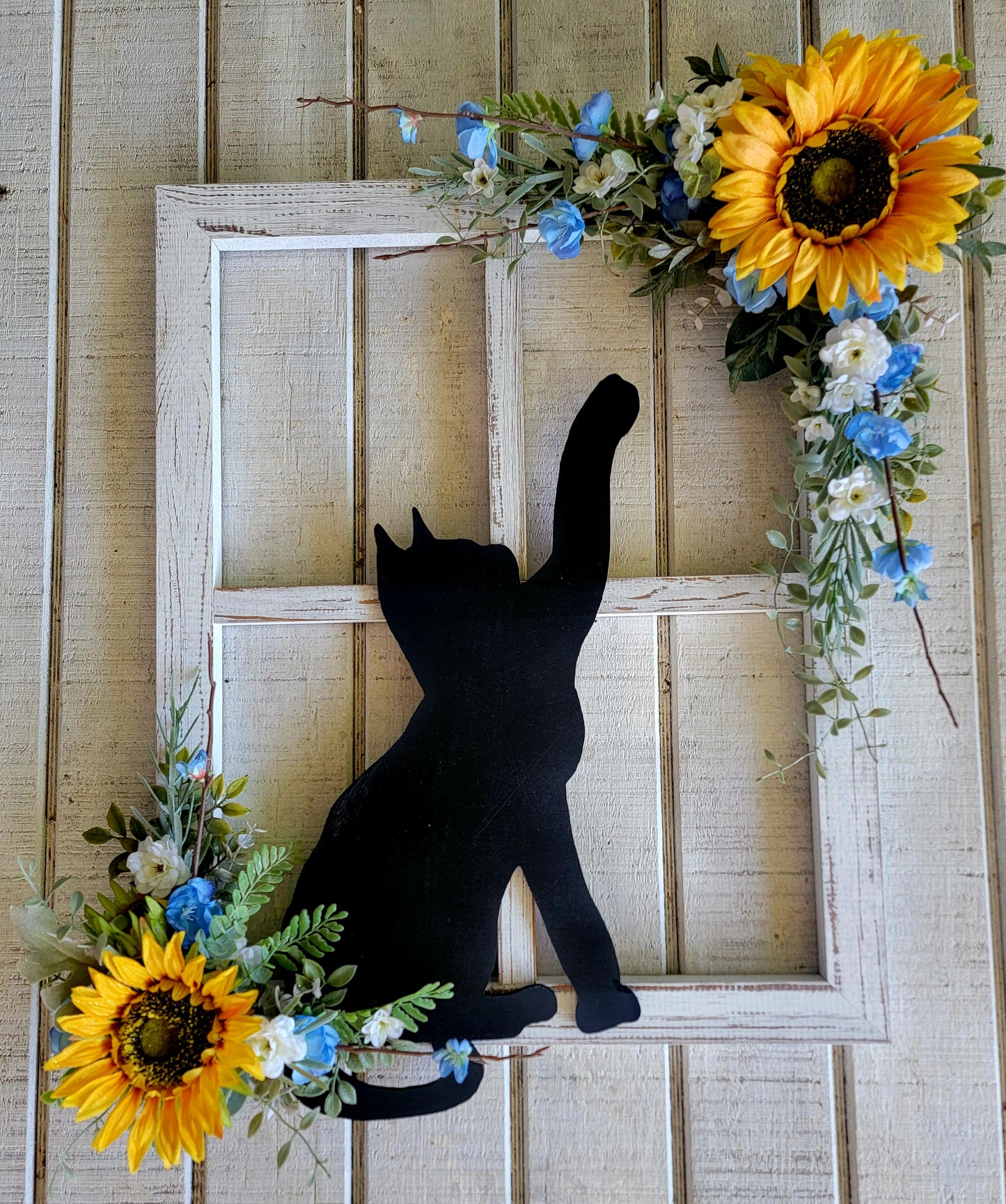 Blue & White Rustic Sunflower Window Pane Cat Wall Art