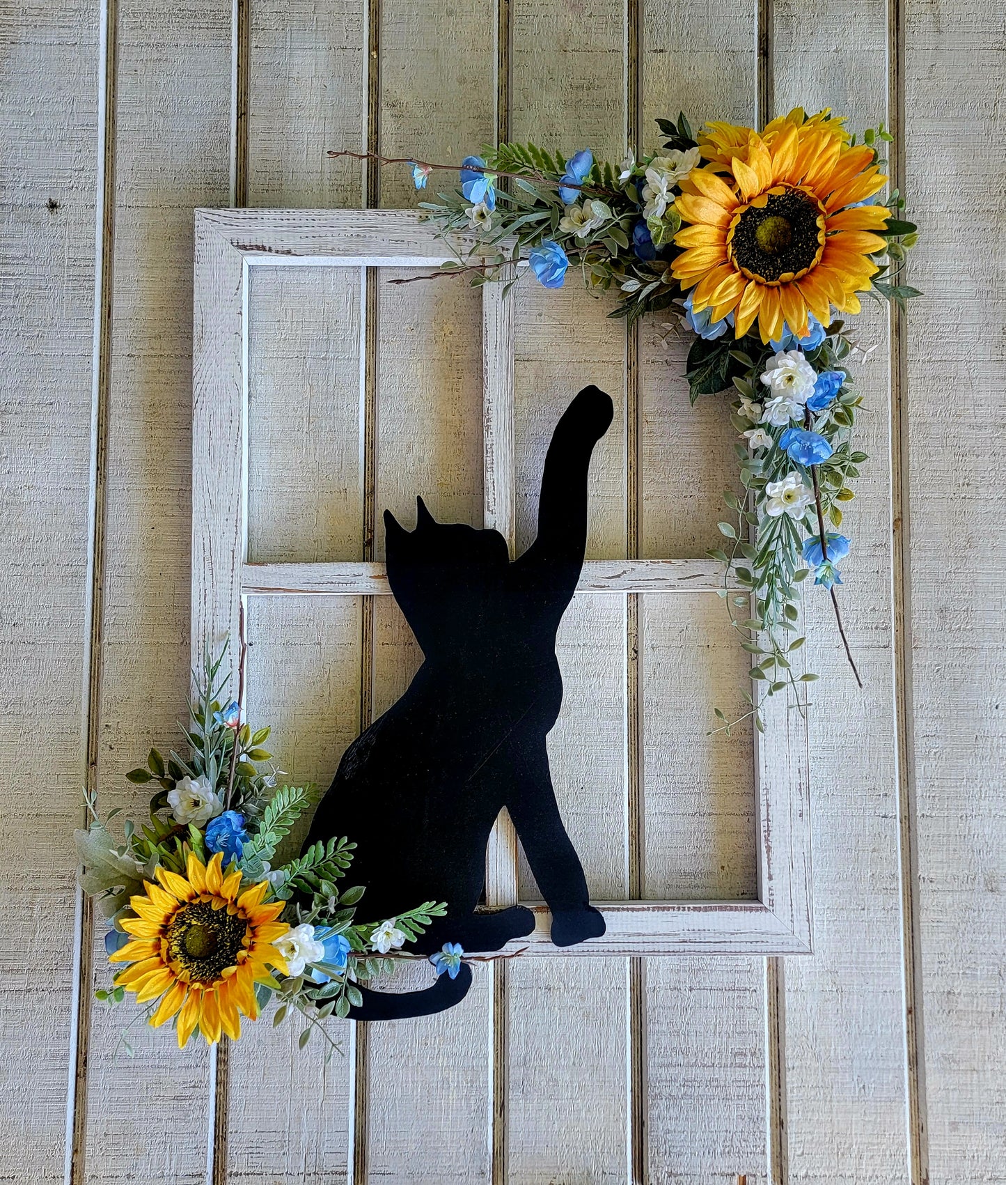 Blue & White Rustic Sunflower Window Pane Cat Wall Art