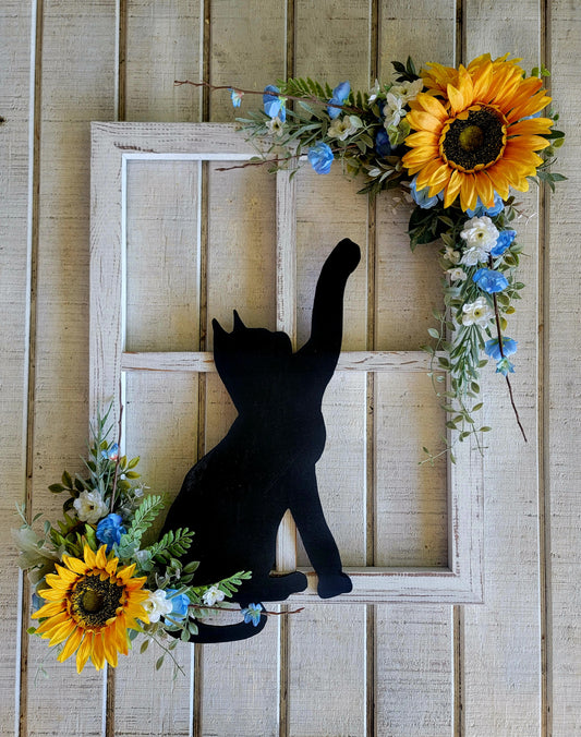 Blue & White Rustic Sunflower Window Pane Cat Wall Art