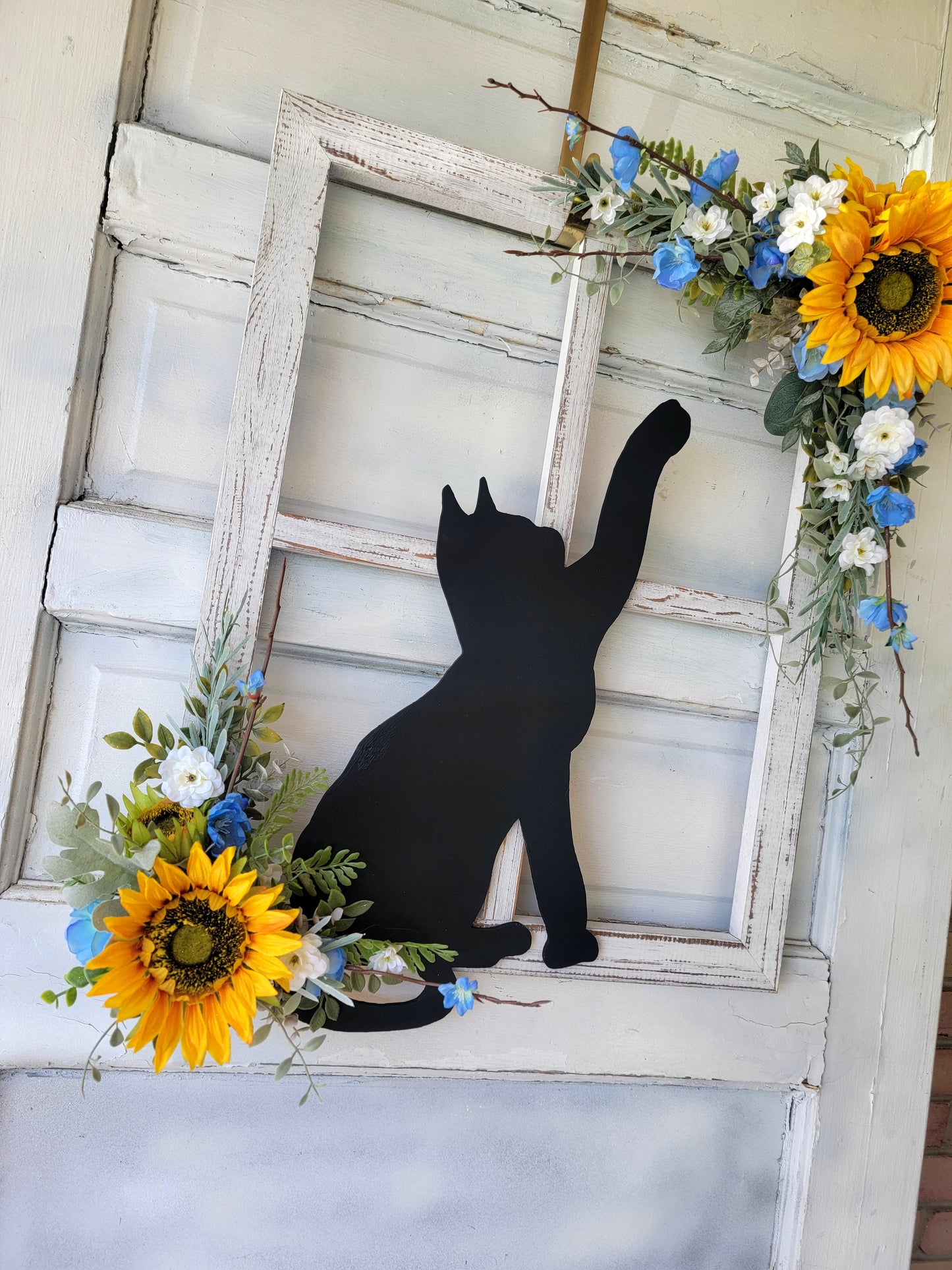 Blue & White Rustic Sunflower Window Pane Cat Wall Art