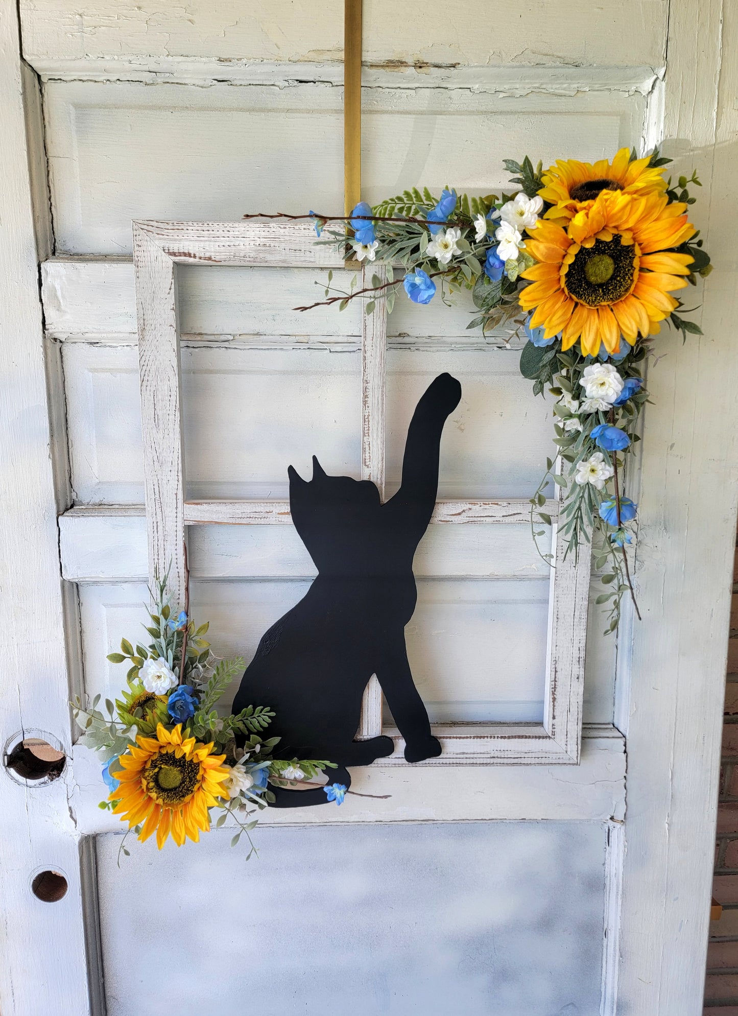 Blue & White Rustic Sunflower Window Pane Cat Wall Art