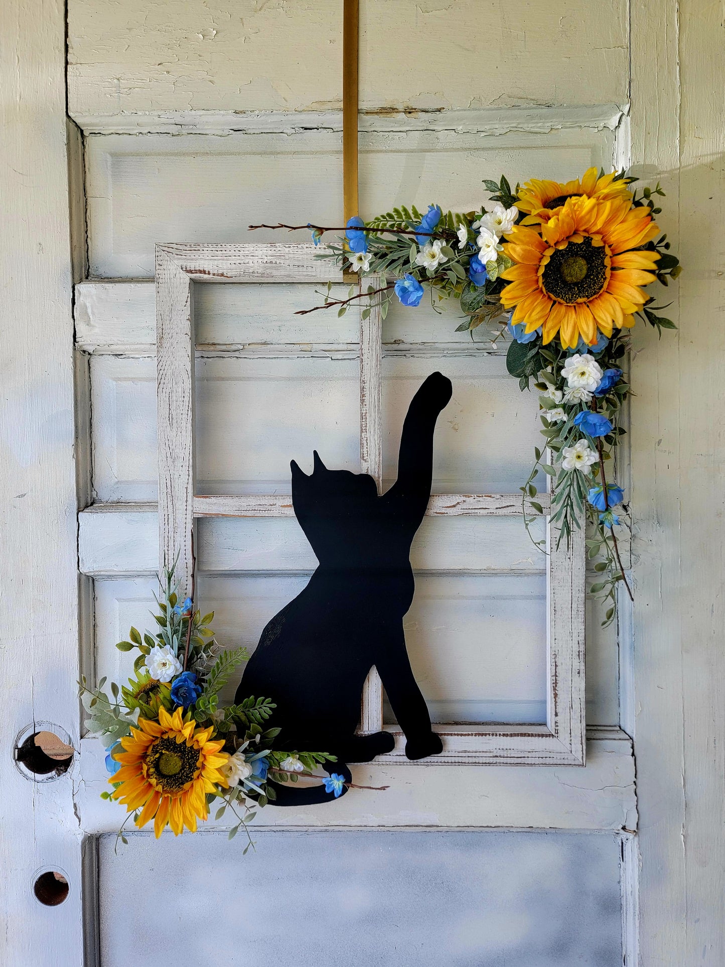 Blue & White Rustic Sunflower Window Pane Cat Wall Art