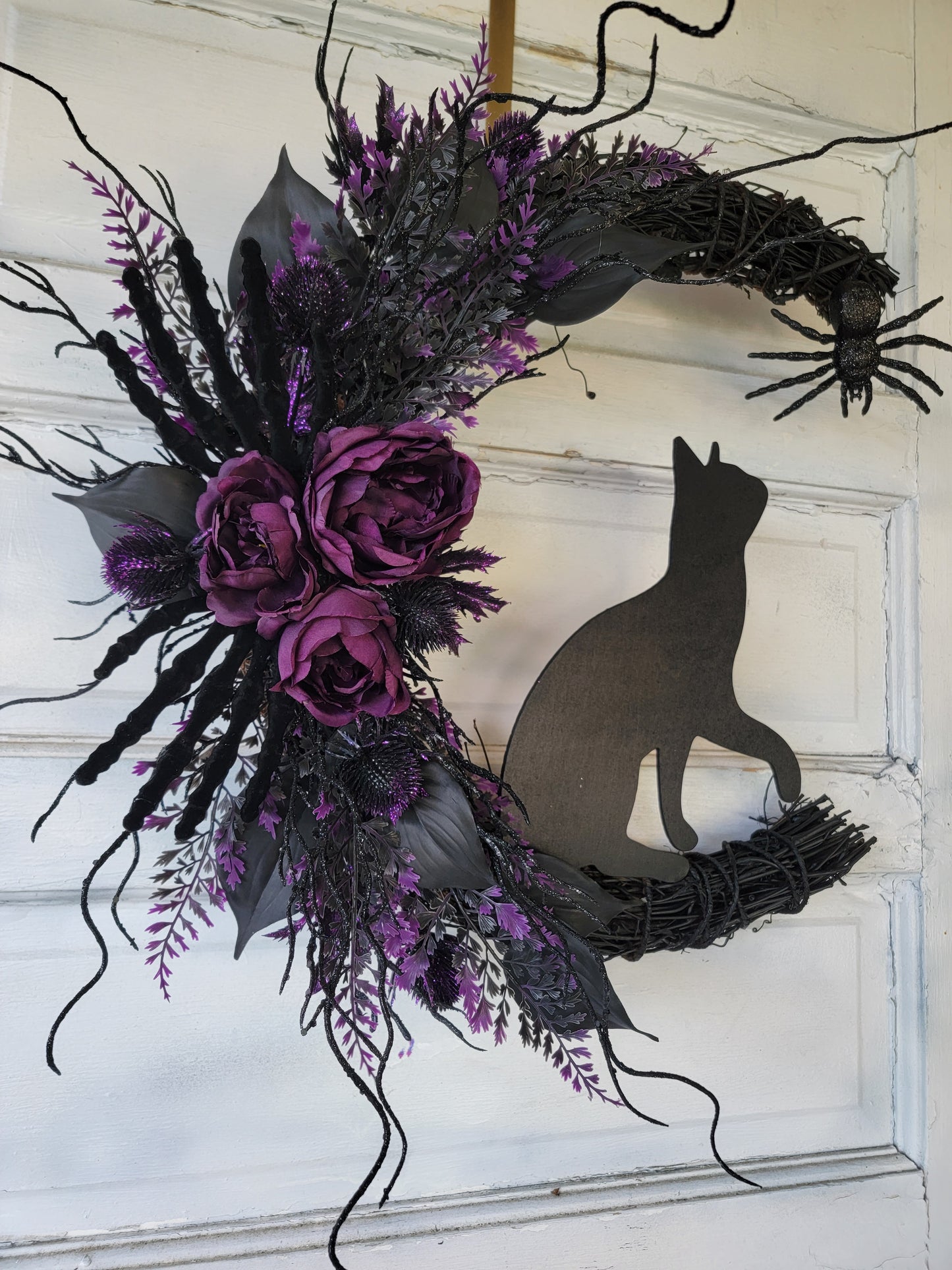 Skeleton Hands Halloween Crescent Moon Cat Wreath