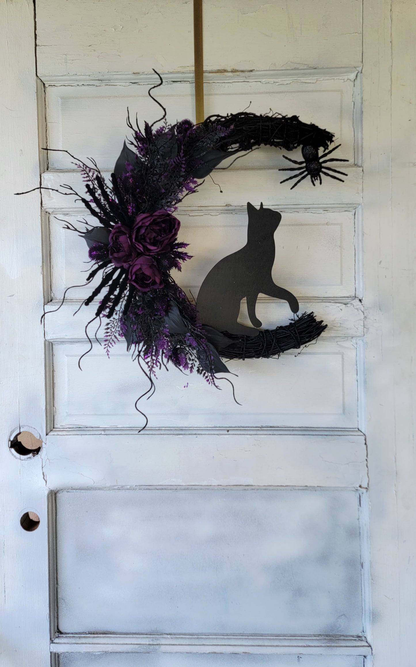 Skeleton Hands Halloween Crescent Moon Cat Wreath