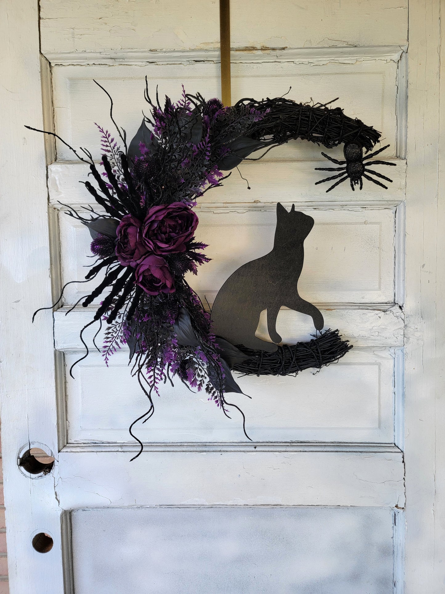 Skeleton Hands Halloween Crescent Moon Cat Wreath