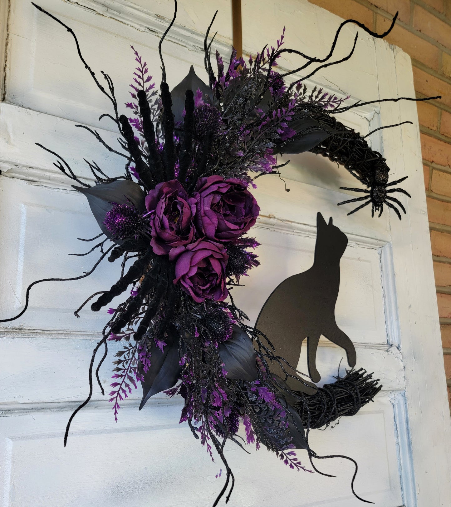 Skeleton Hands Halloween Crescent Moon Cat Wreath