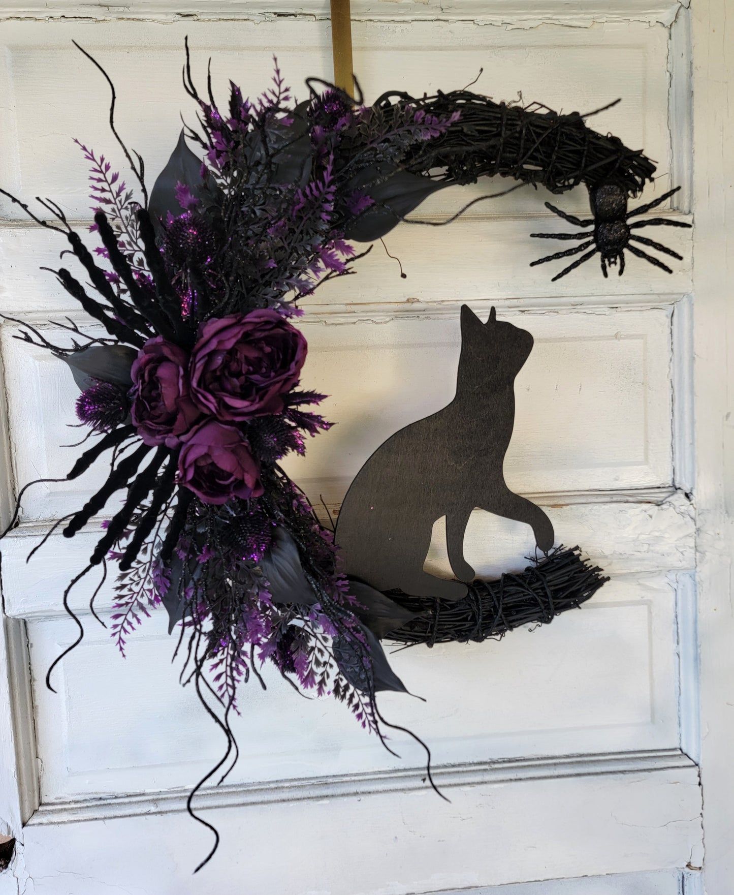 Skeleton Hands Halloween Crescent Moon Cat Wreath