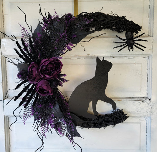 Skeleton Hands Halloween Crescent Moon Cat Wreath