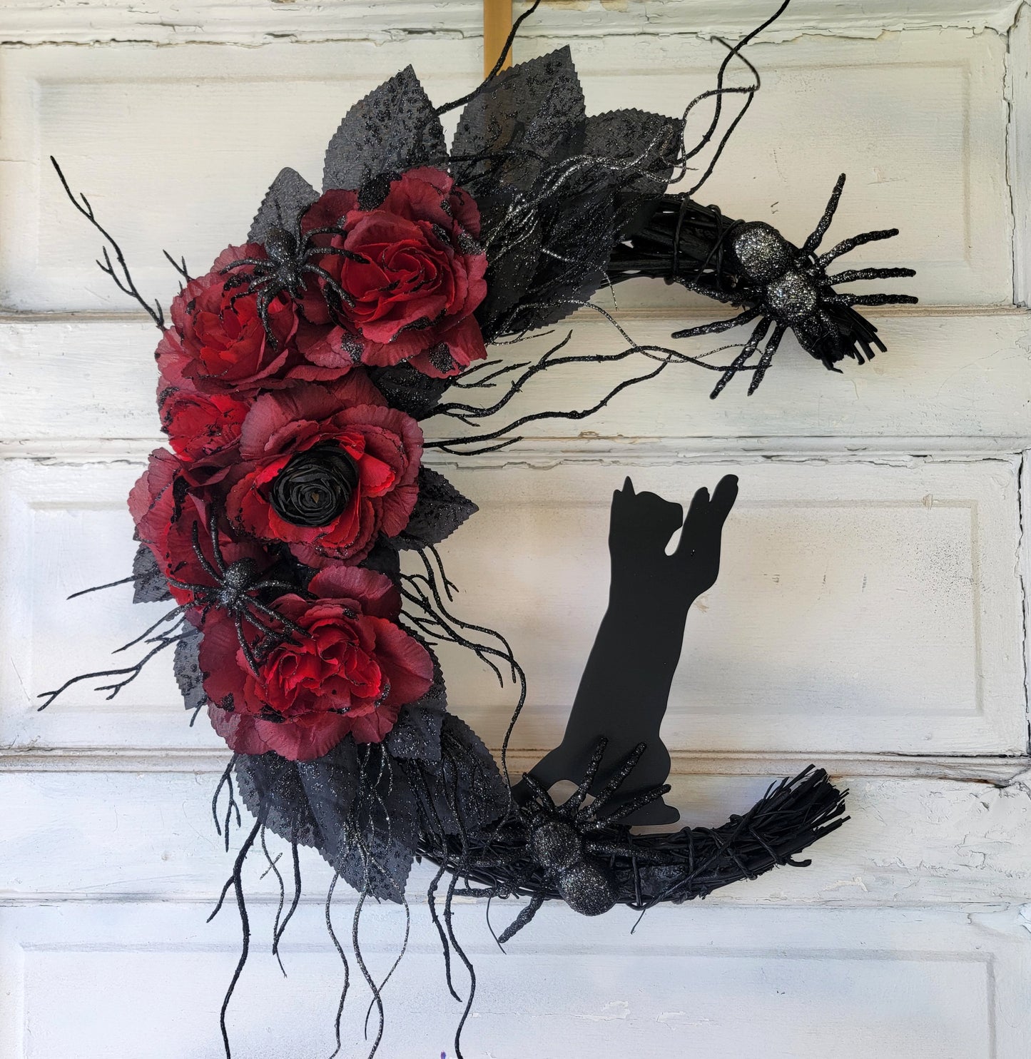 Crawling Spiders Halloween Crescent Moon Cat Wreath