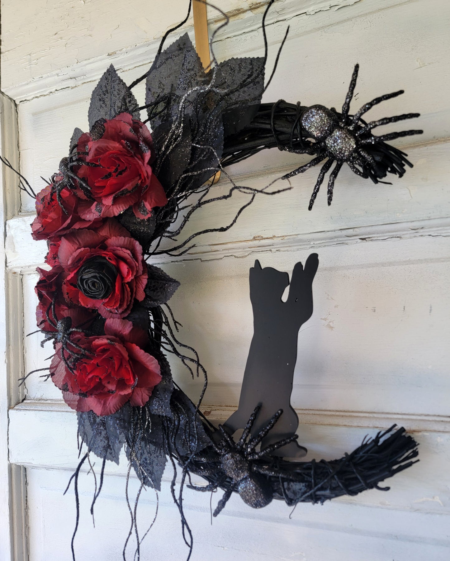 Crawling Spiders Halloween Crescent Moon Cat Wreath