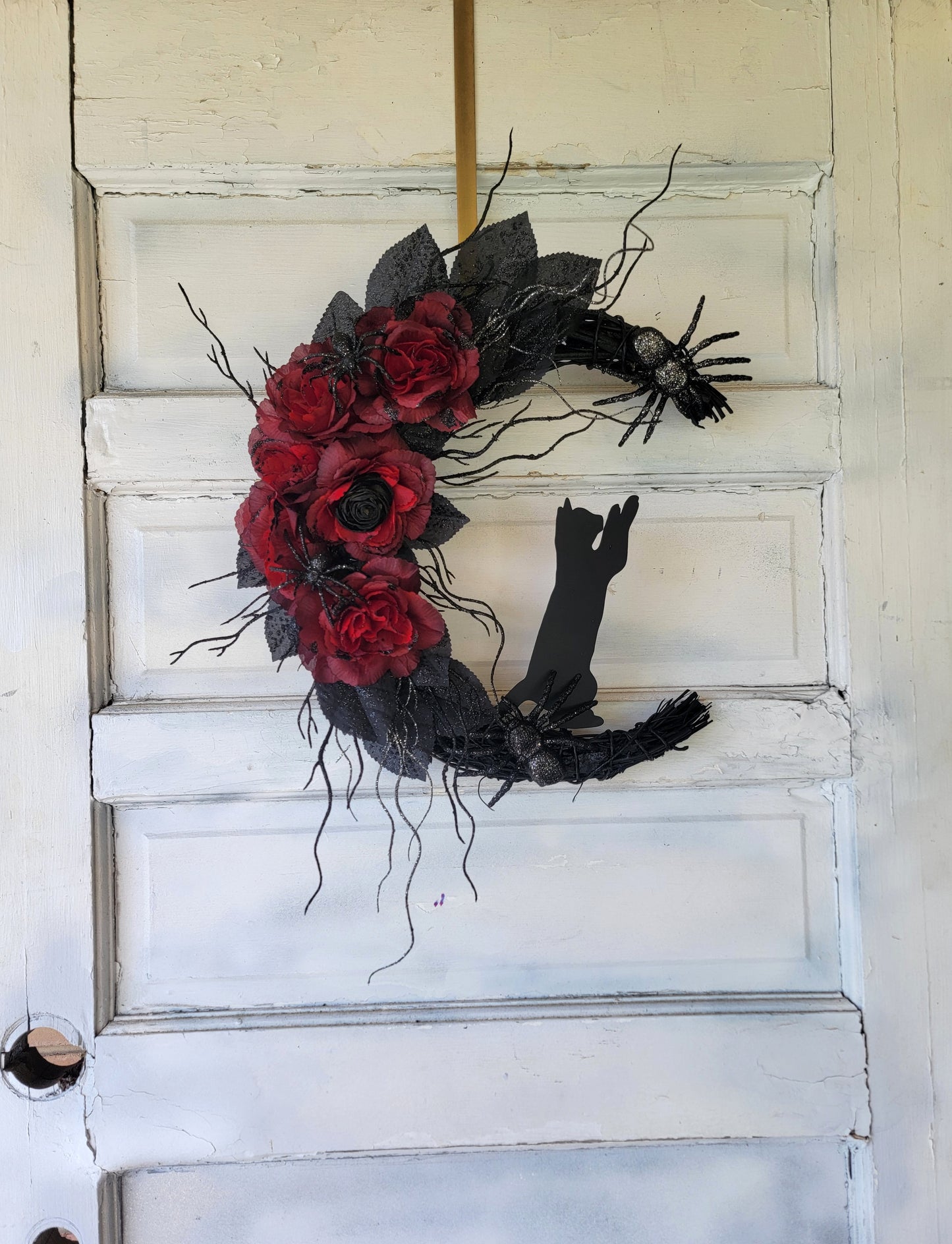 Crawling Spiders Halloween Crescent Moon Cat Wreath