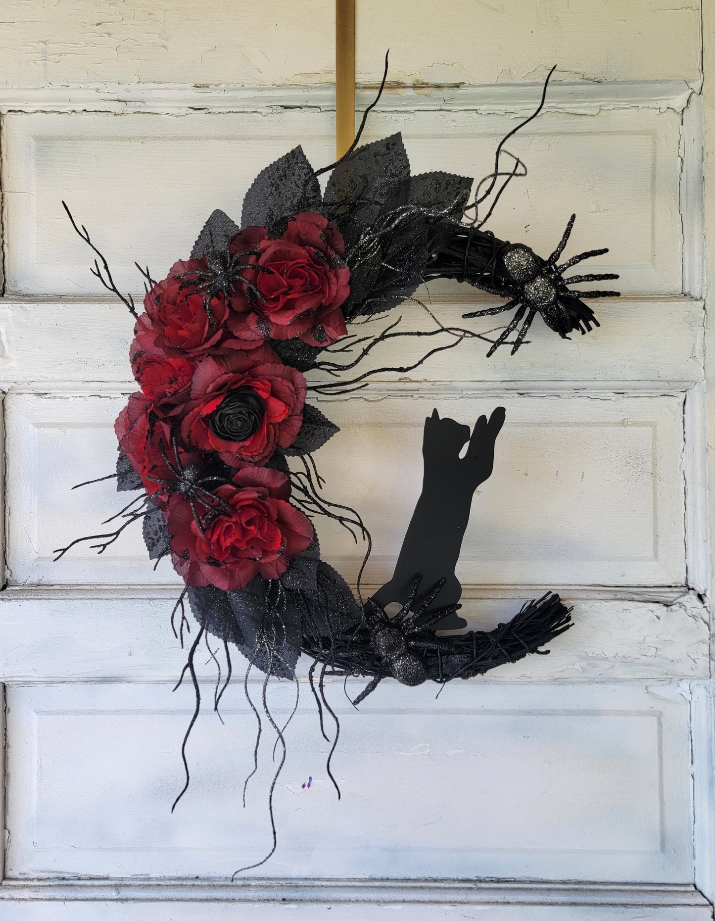 Crawling Spiders Halloween Crescent Moon Cat Wreath