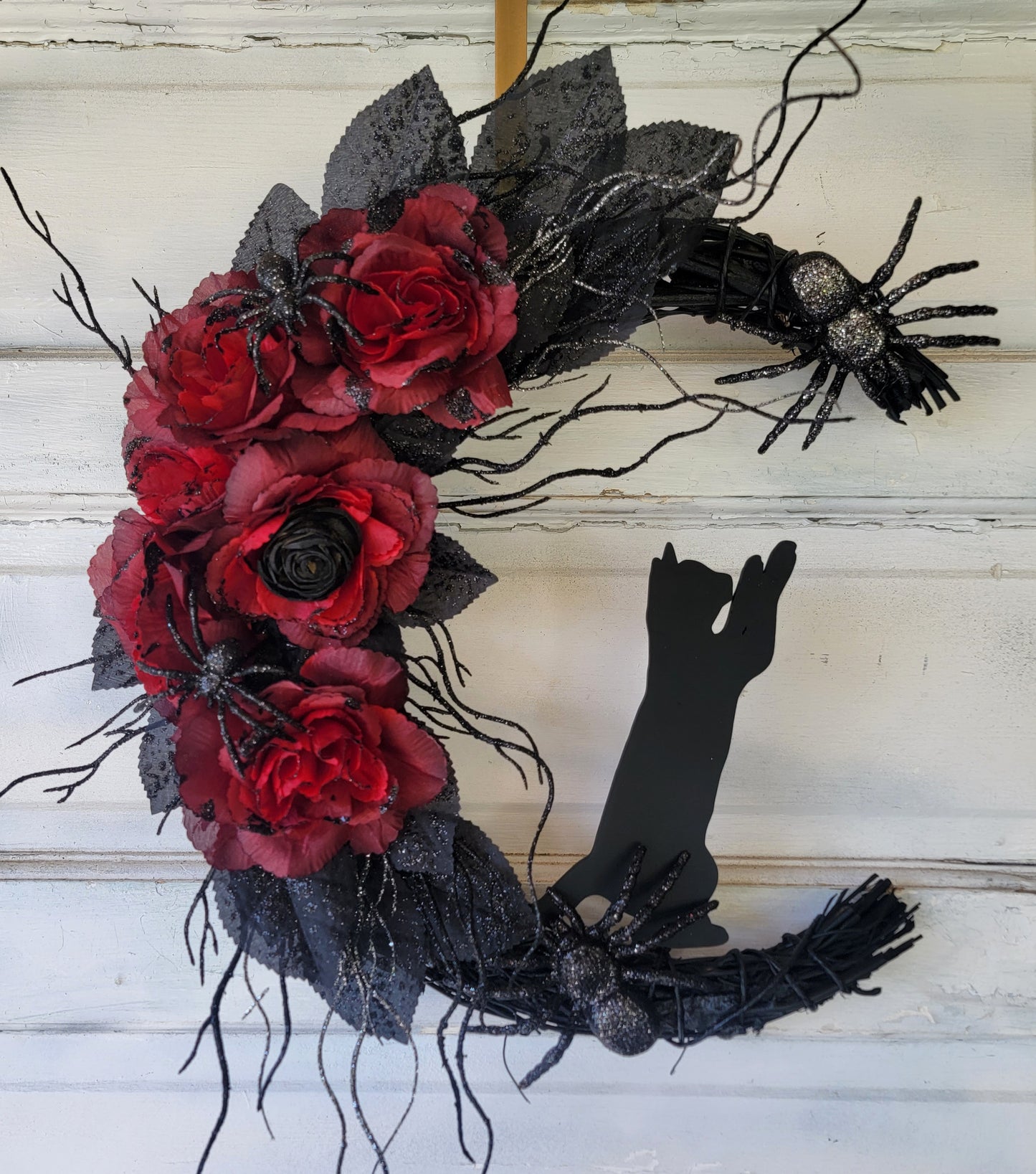 Crawling Spiders Halloween Crescent Moon Cat Wreath