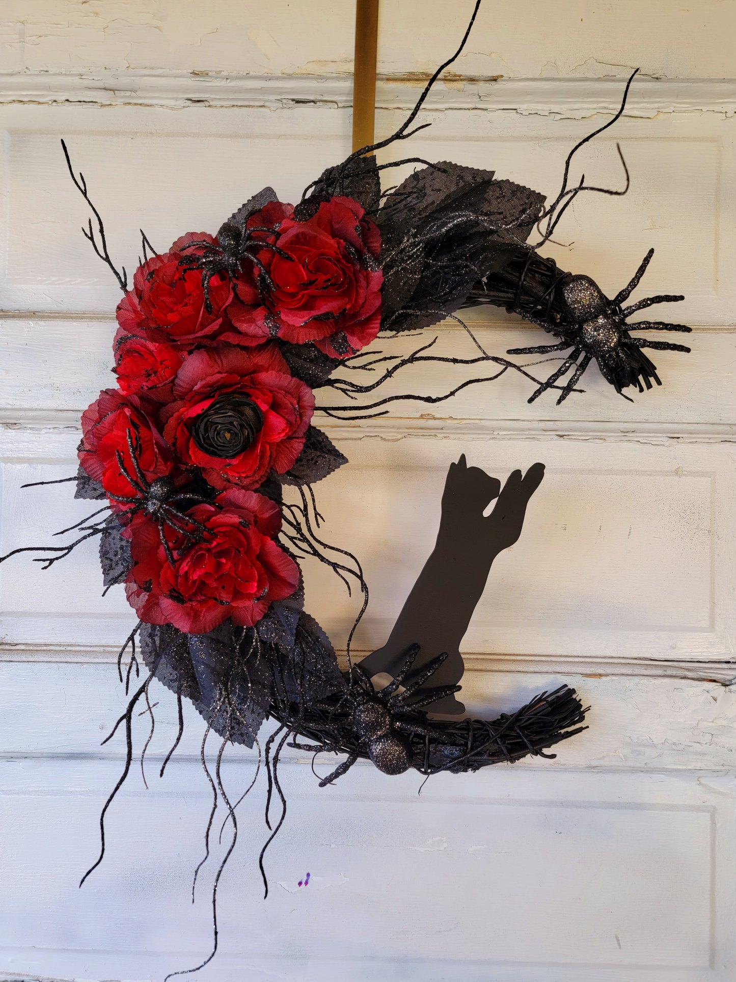 Crawling Spiders Halloween Crescent Moon Cat Wreath