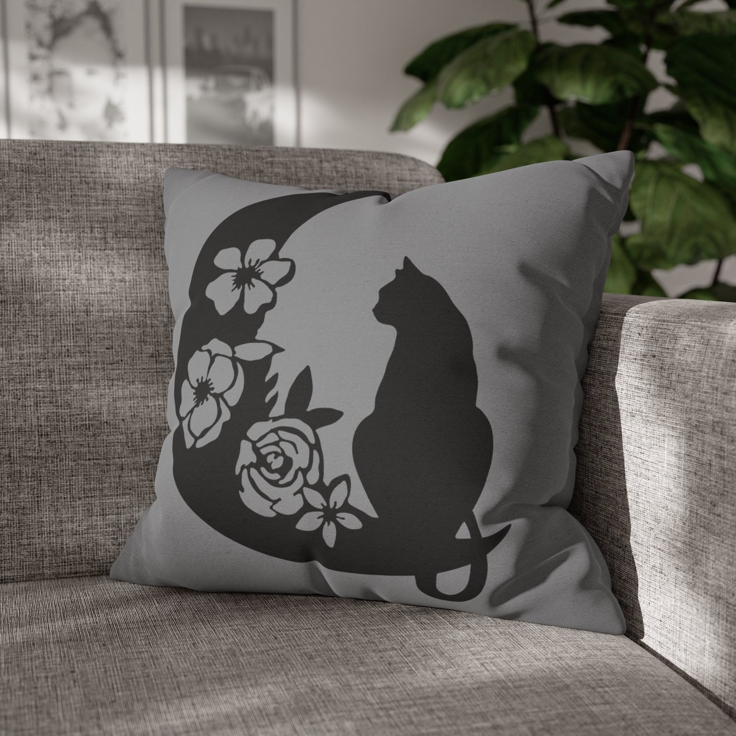 Witchy Black Cat Crescent Moon Pillow Cover