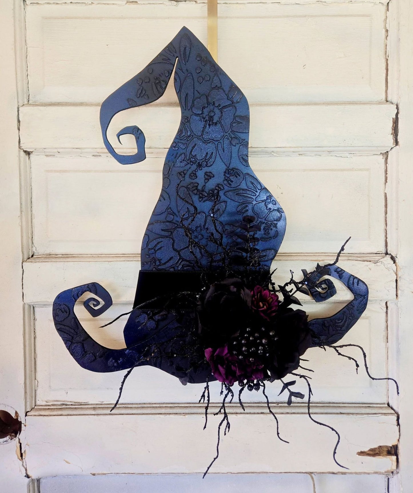 Halloween Black Velvet Ribbon Witch Hat Wreath