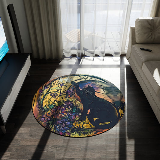 Halloween Floral Crescent Moon Cat Round Rug