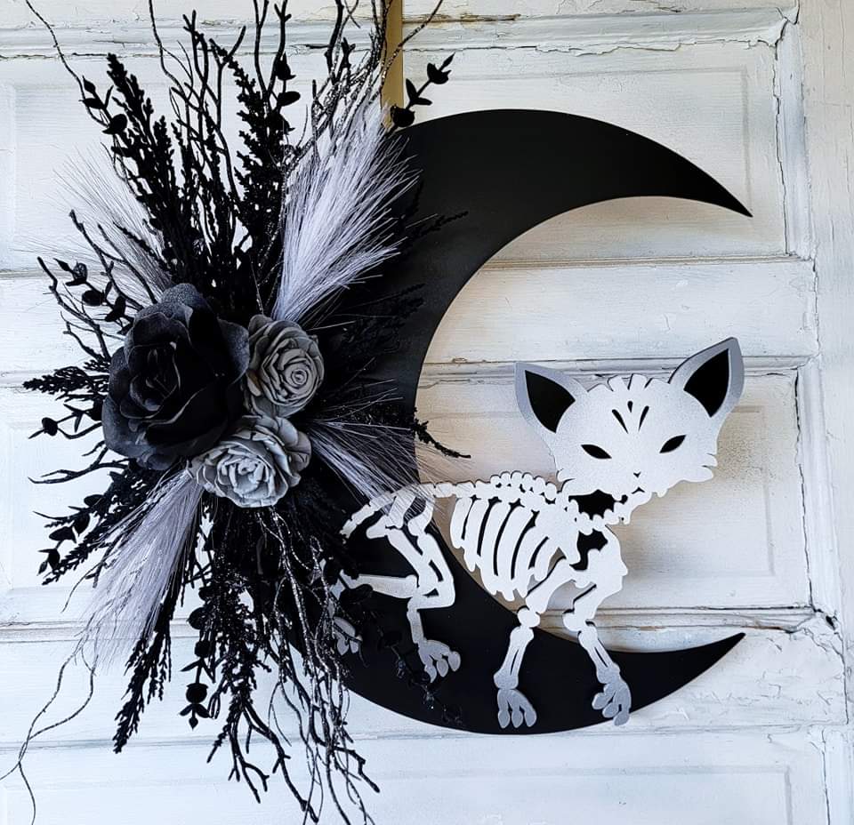 Skeleton Cat Halloween Crescent Moon Wreath