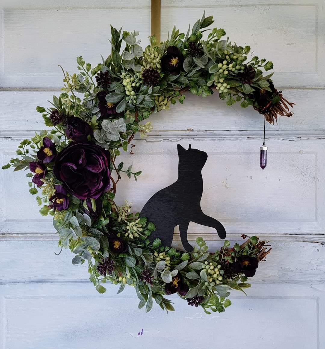 Purple Cat Moon Wreath w/ Amethyst Crystal