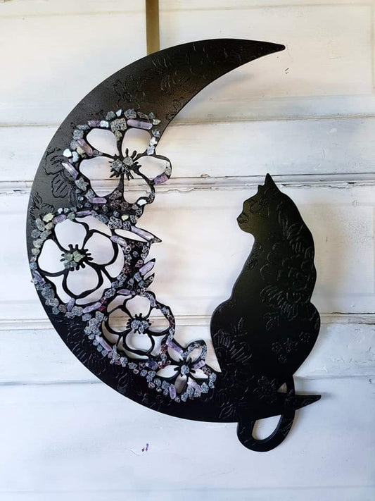 Floral Crystal Crescent Moon Cat Wall Art