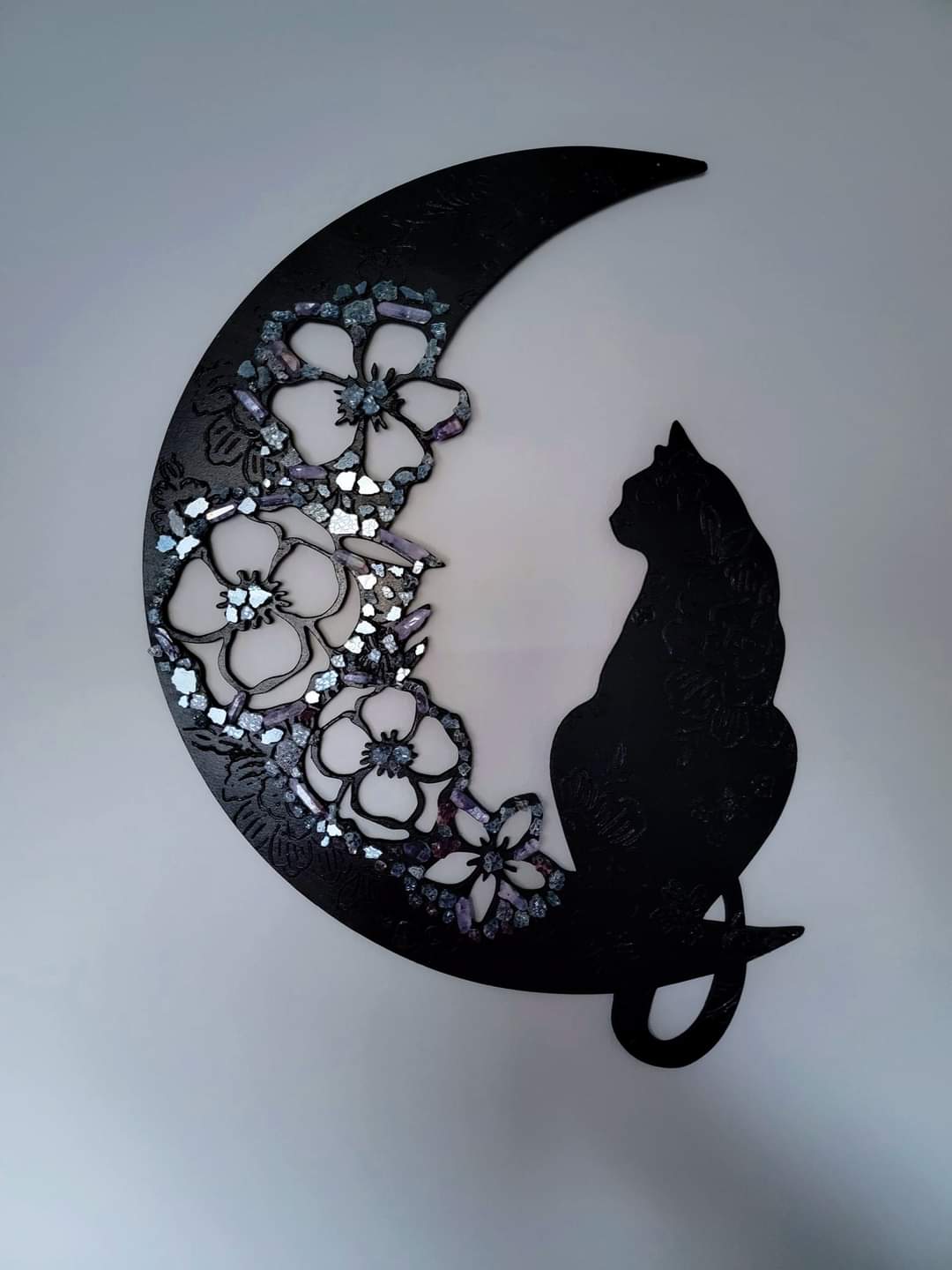 Floral Crystal Crescent Moon Cat Wall Art