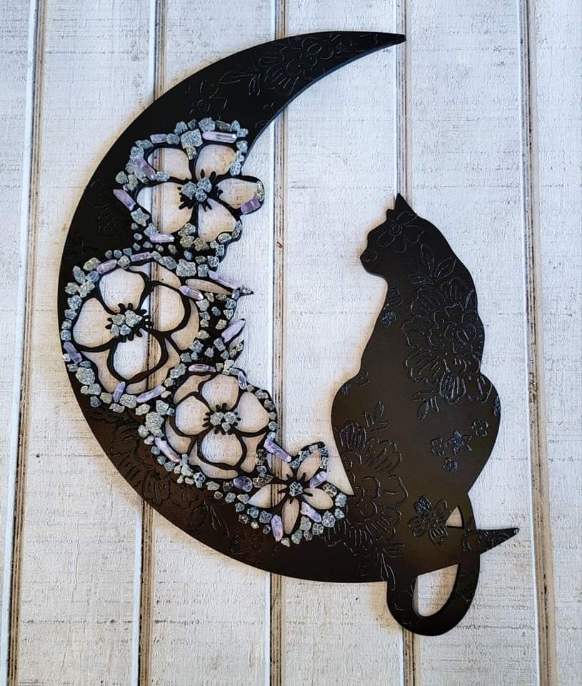 Floral Crystal Crescent Moon Cat Wall Art