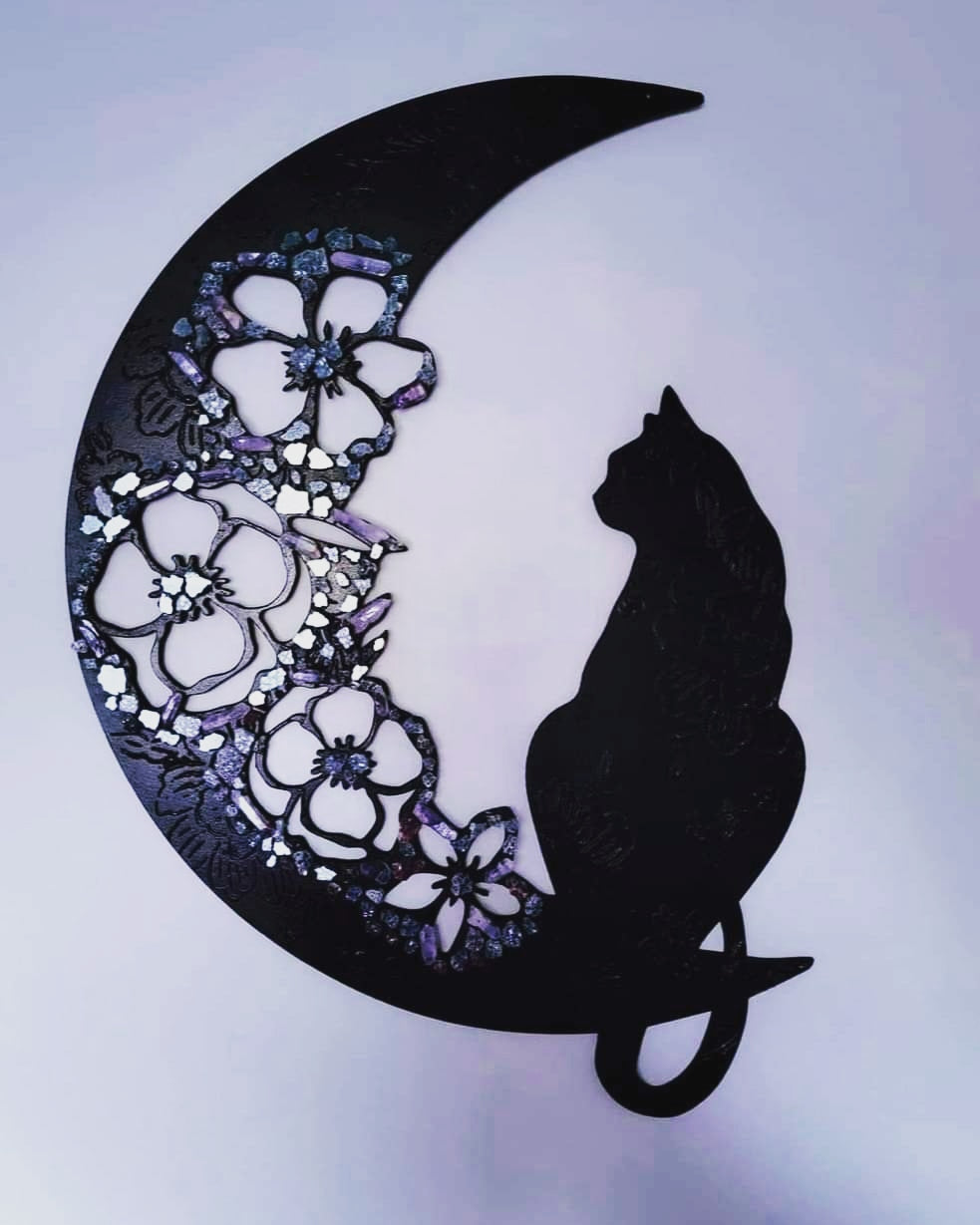 Floral Crystal Crescent Moon Cat Wall Art