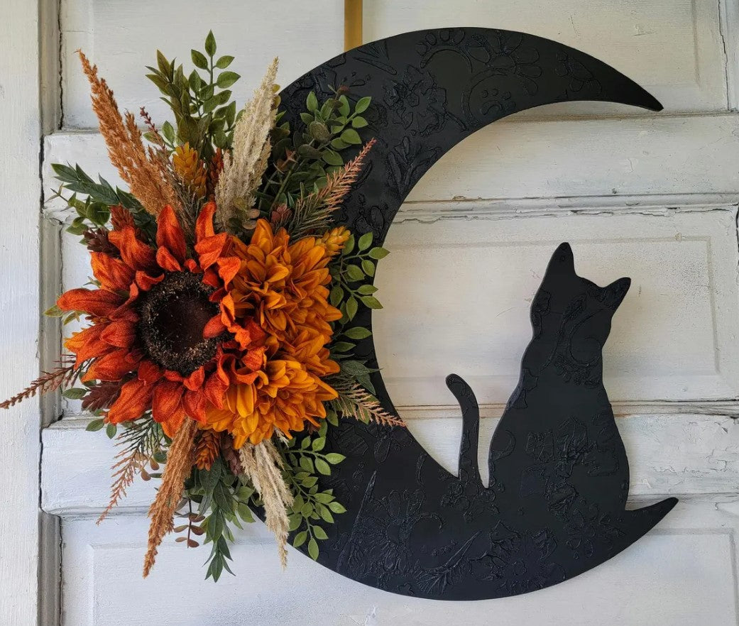 Fall Cat Crescent Moon Sunflower Wreath