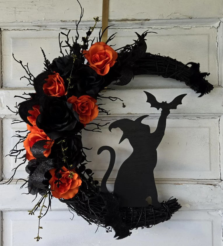 Witch Hat Bat Cat Halloween Crescent Moon Cat Wreath