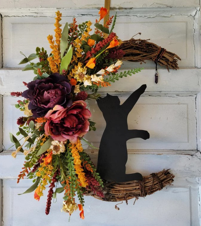 Two Toned Crystal Cat Crescent Moon Wreath