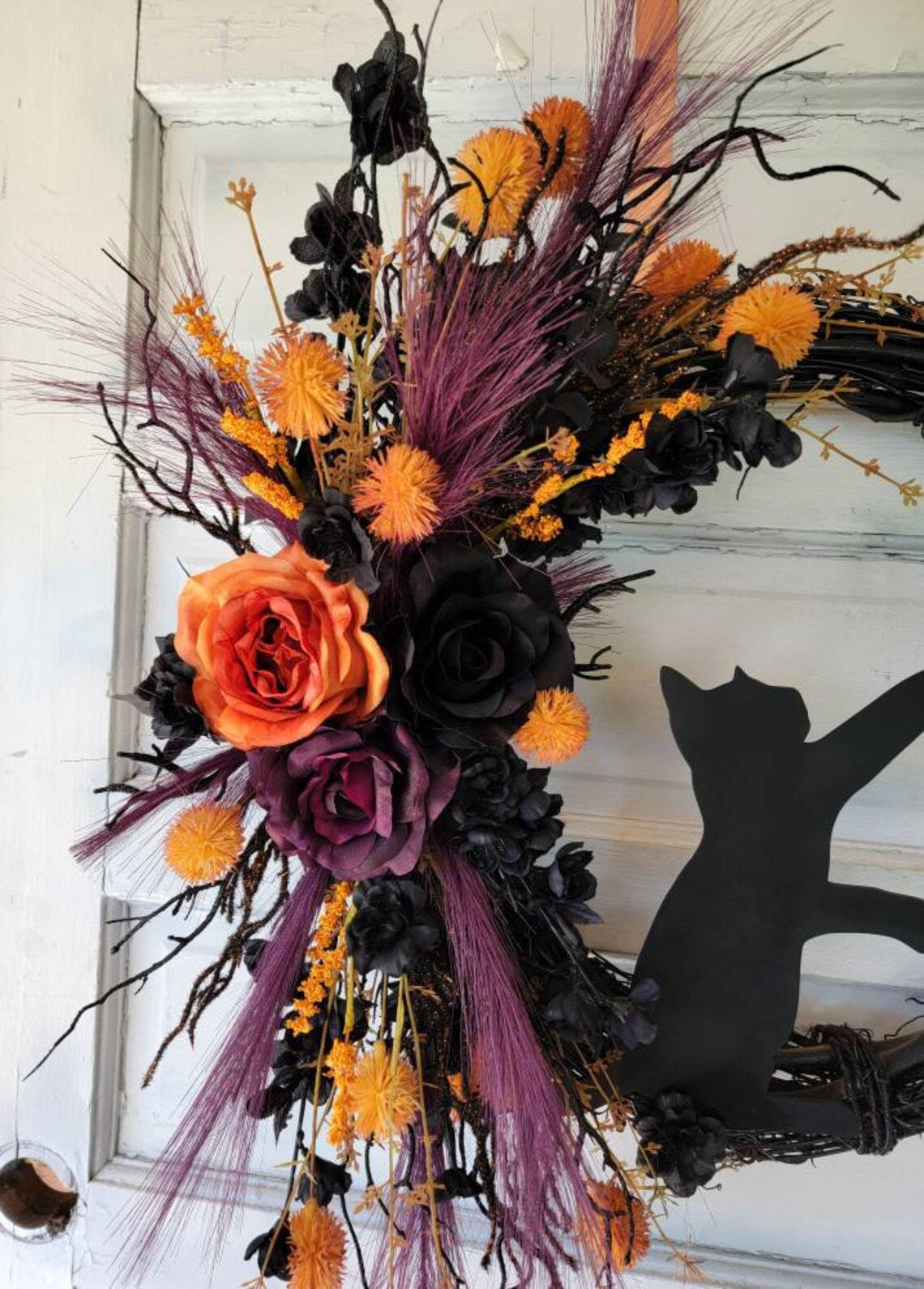 Orange, Purple & Black Halloween Cat Crescent Moon Wreath