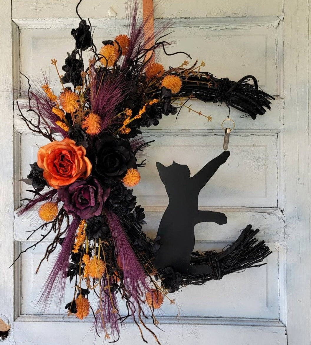 Orange, Purple & Black Halloween Cat Crescent Moon Wreath