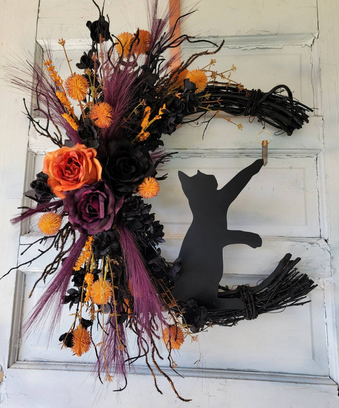 Orange, Purple & Black Halloween Cat Crescent Moon Wreath