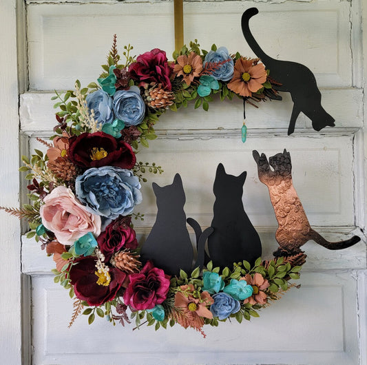 Maroon & Blue Witchy Wildflower Multiple Cats Crescent Moon Wreath