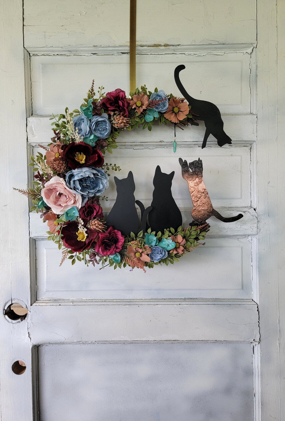 Maroon & Blue Witchy Wildflower Multiple Cats Crescent Moon Wreath