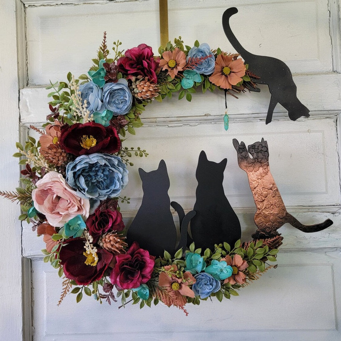 Maroon & Blue Witchy Wildflower Multiple Cats Crescent Moon Wreath