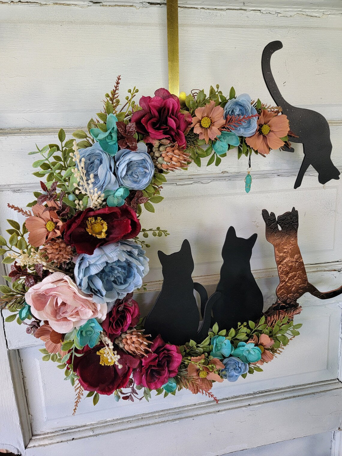 Maroon & Blue Witchy Wildflower Multiple Cats Crescent Moon Wreath