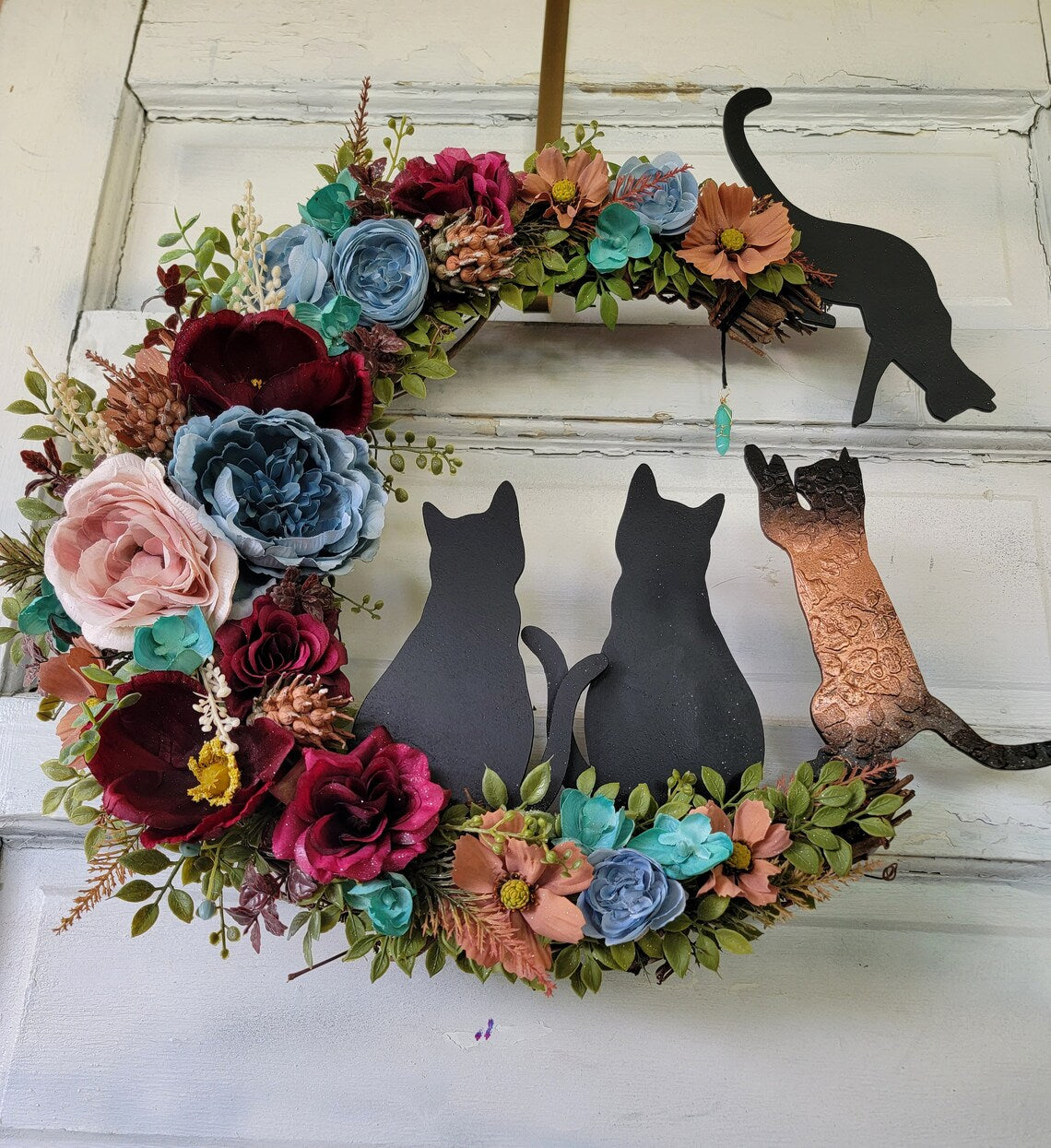 Maroon & Blue Witchy Wildflower Multiple Cats Crescent Moon Wreath