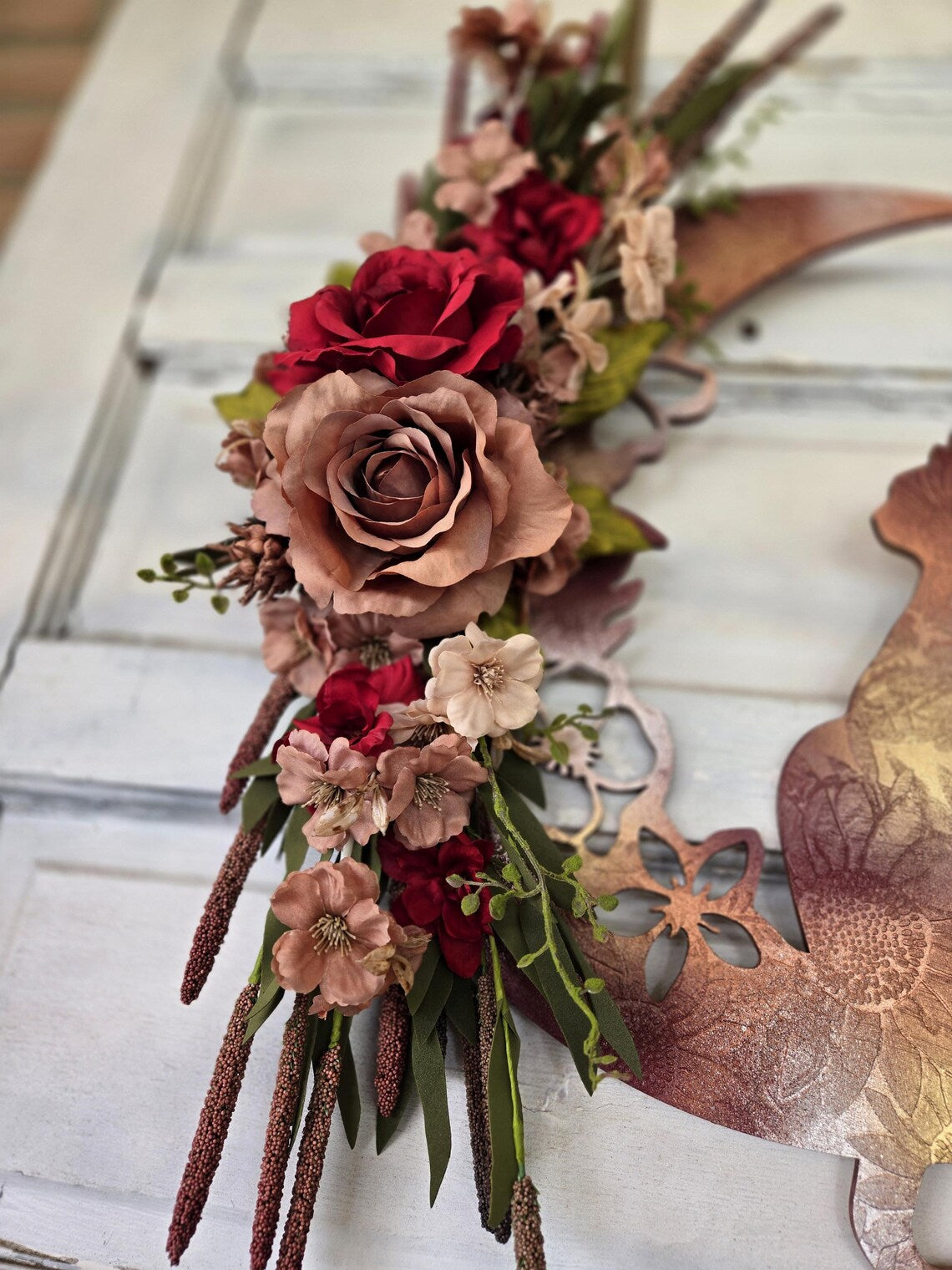 Maroon Iridescent Crescent Moon Cat Wreath