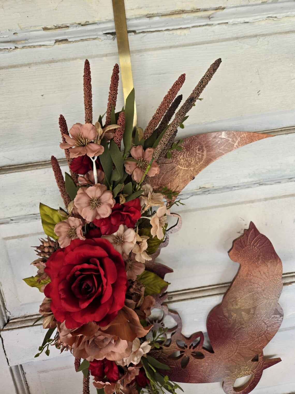 Maroon Iridescent Crescent Moon Cat Wreath