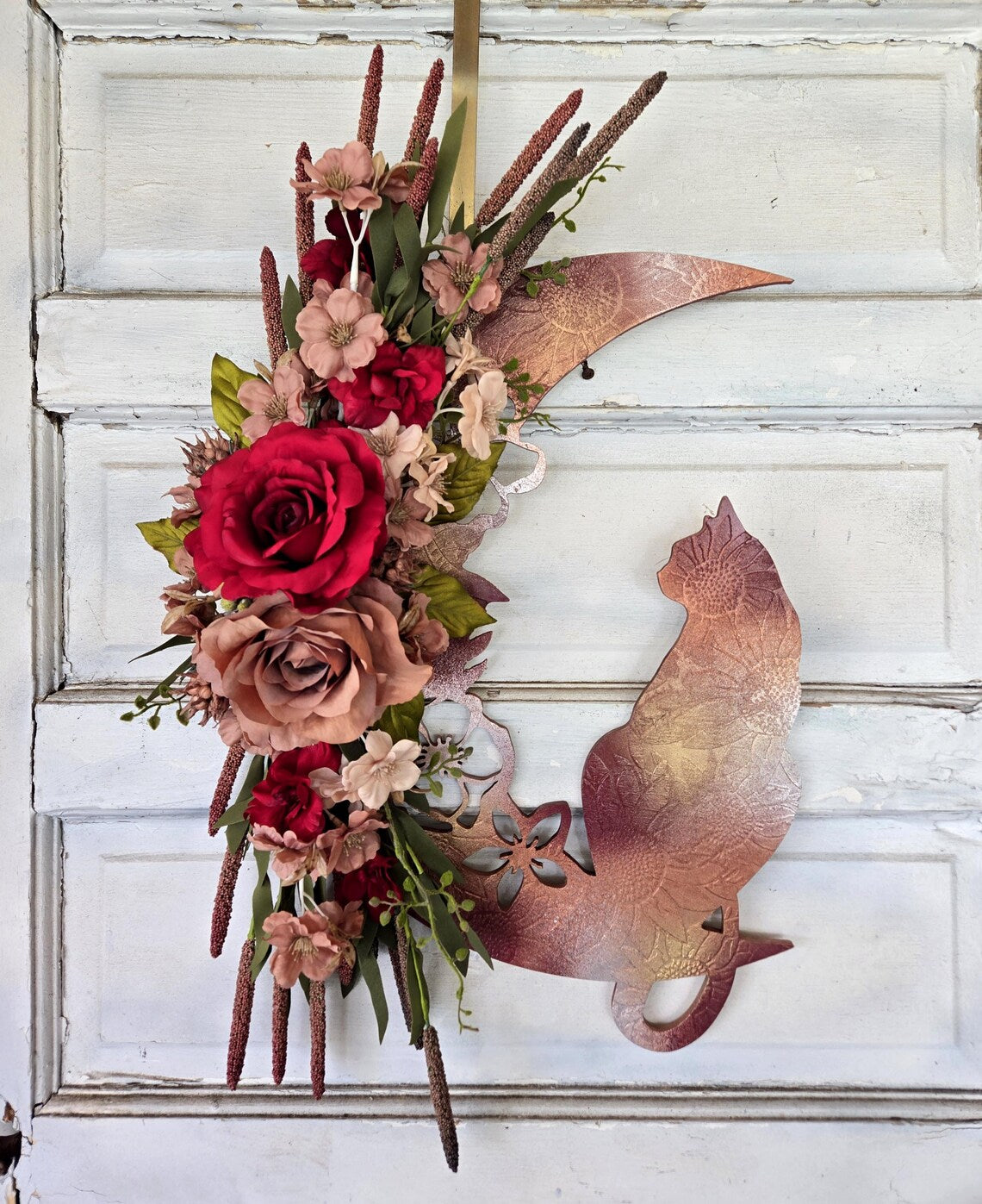 Maroon Iridescent Crescent Moon Cat Wreath
