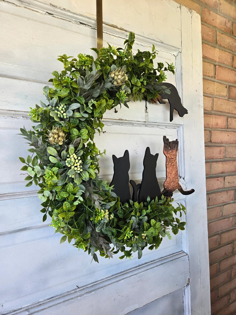 Natural Green Witch Multiple Cats Crescent Moon Wreath