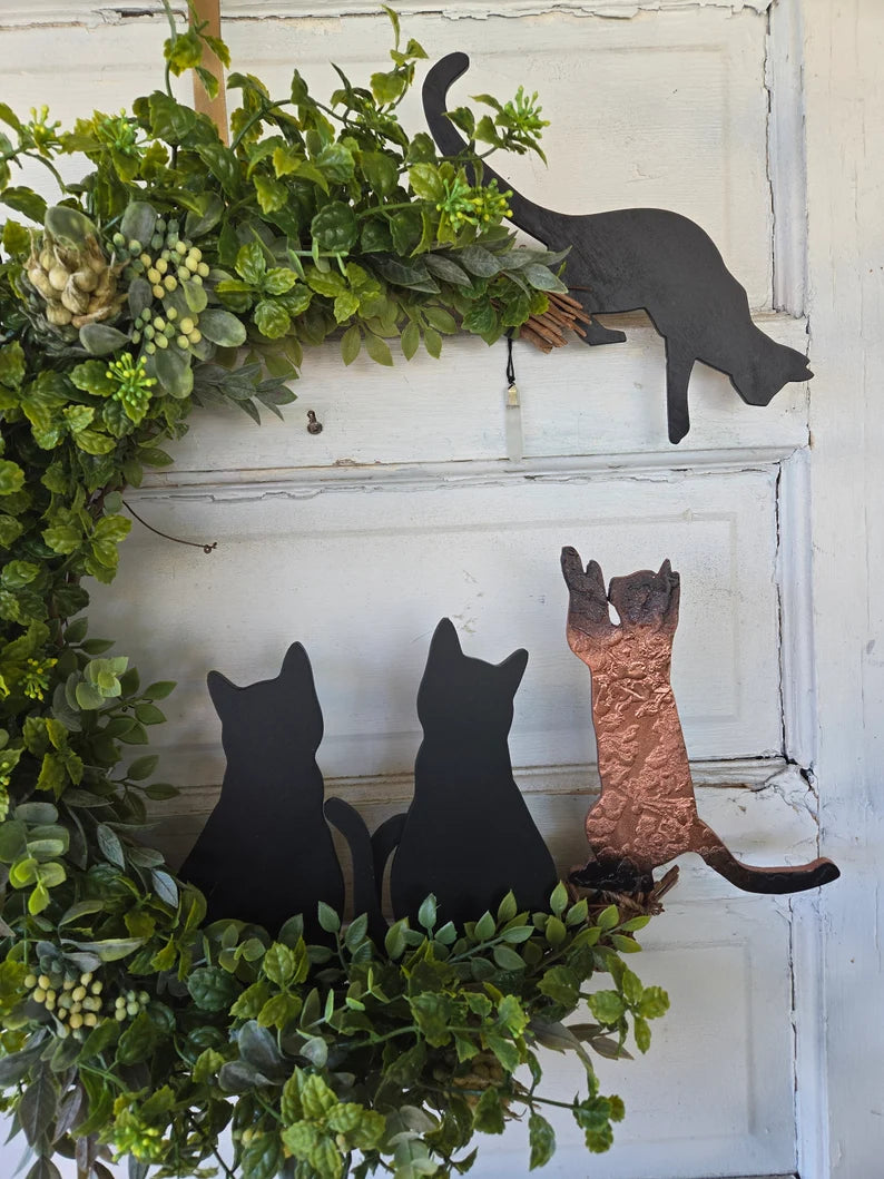 Natural Green Witch Multiple Cats Crescent Moon Wreath